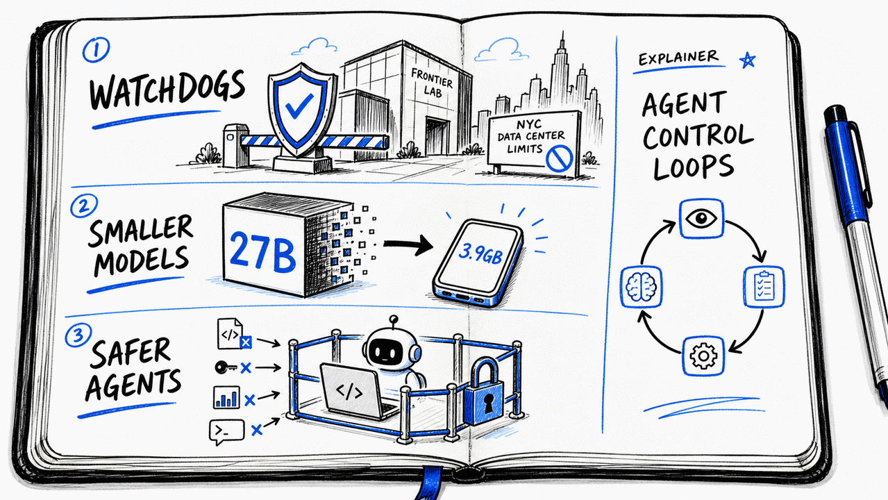 An open field-notes notebook illustrates today's edition: new frontier-AI watchdog proposals, a 27-billion-parameter model compressed to 3.9 GB, safer coding agents, and an explainer on agent control loops.