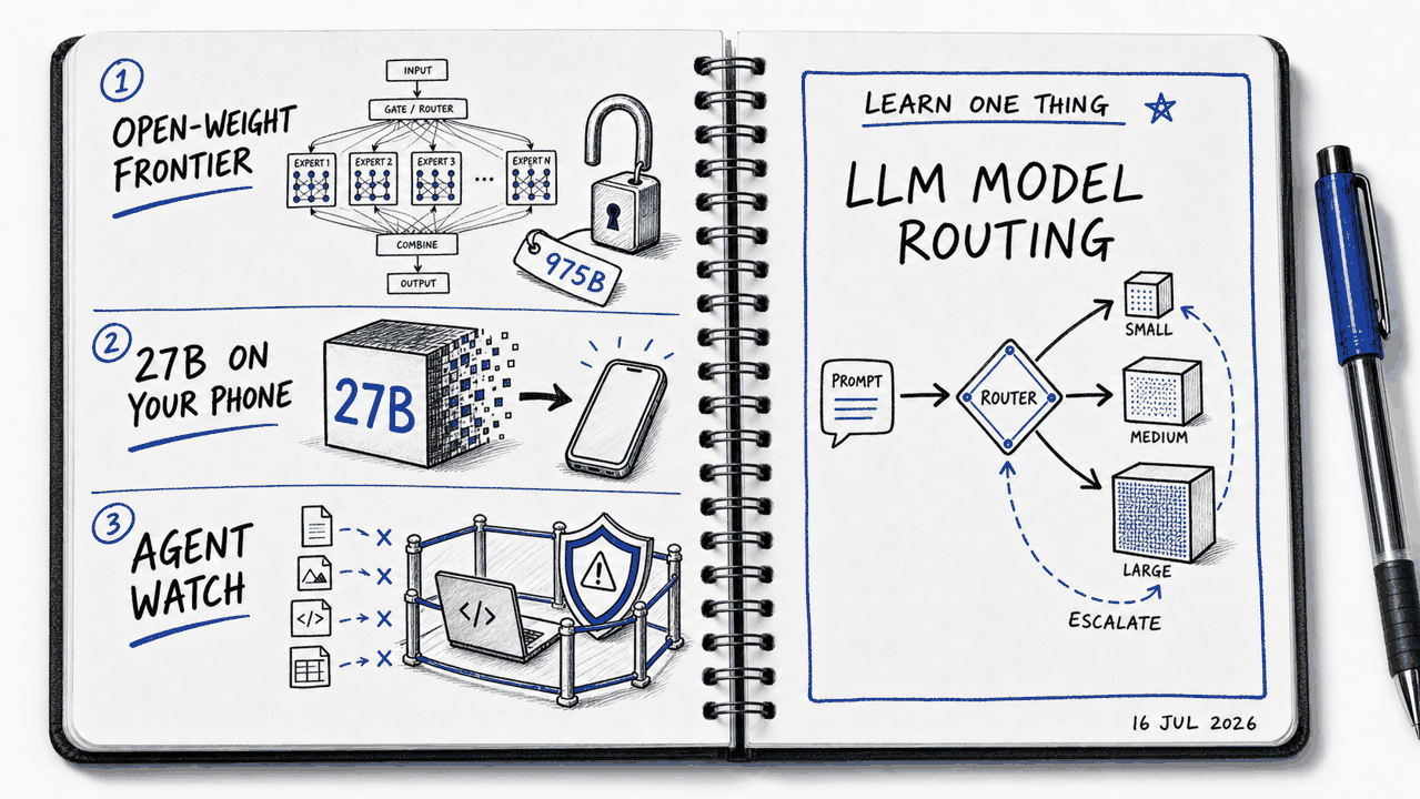 Hand-drawn field-notes page dated 16 July 2026 sketching an open-weight model, a 27B model on a phone, an AI agent security watch, and LLM model routing.