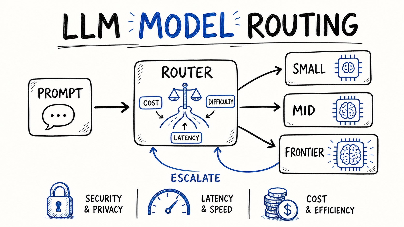 Hand-drawn diagram of model routing: a prompt enters a central router that scores cost, difficulty, and latency, then branches to small, mid, and frontier models with an escalation loop.