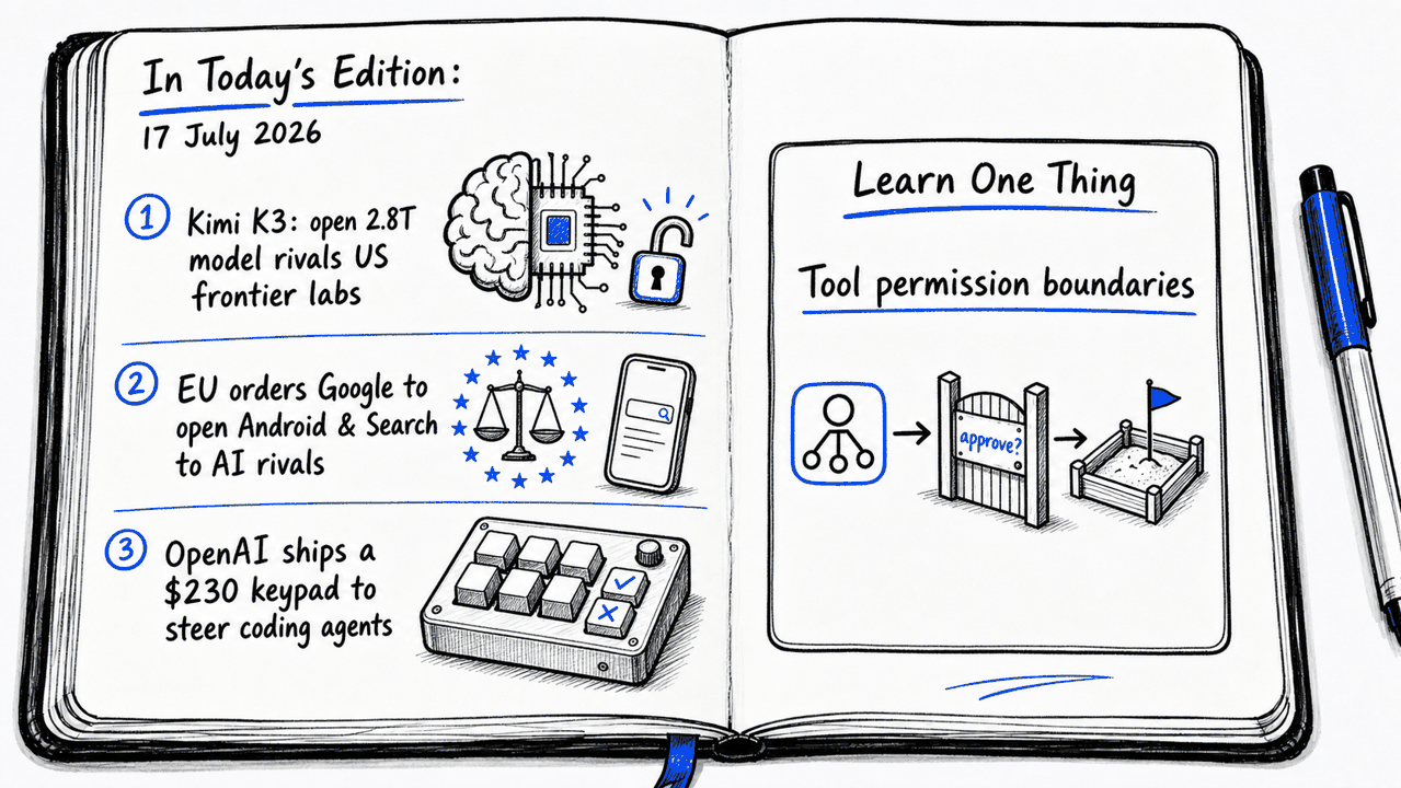 Hand-drawn field-notes page dated 17 July 2026 sketching an open frontier model, an EU antitrust order against Google, a $230 agent control keypad, and tool permission boundaries.