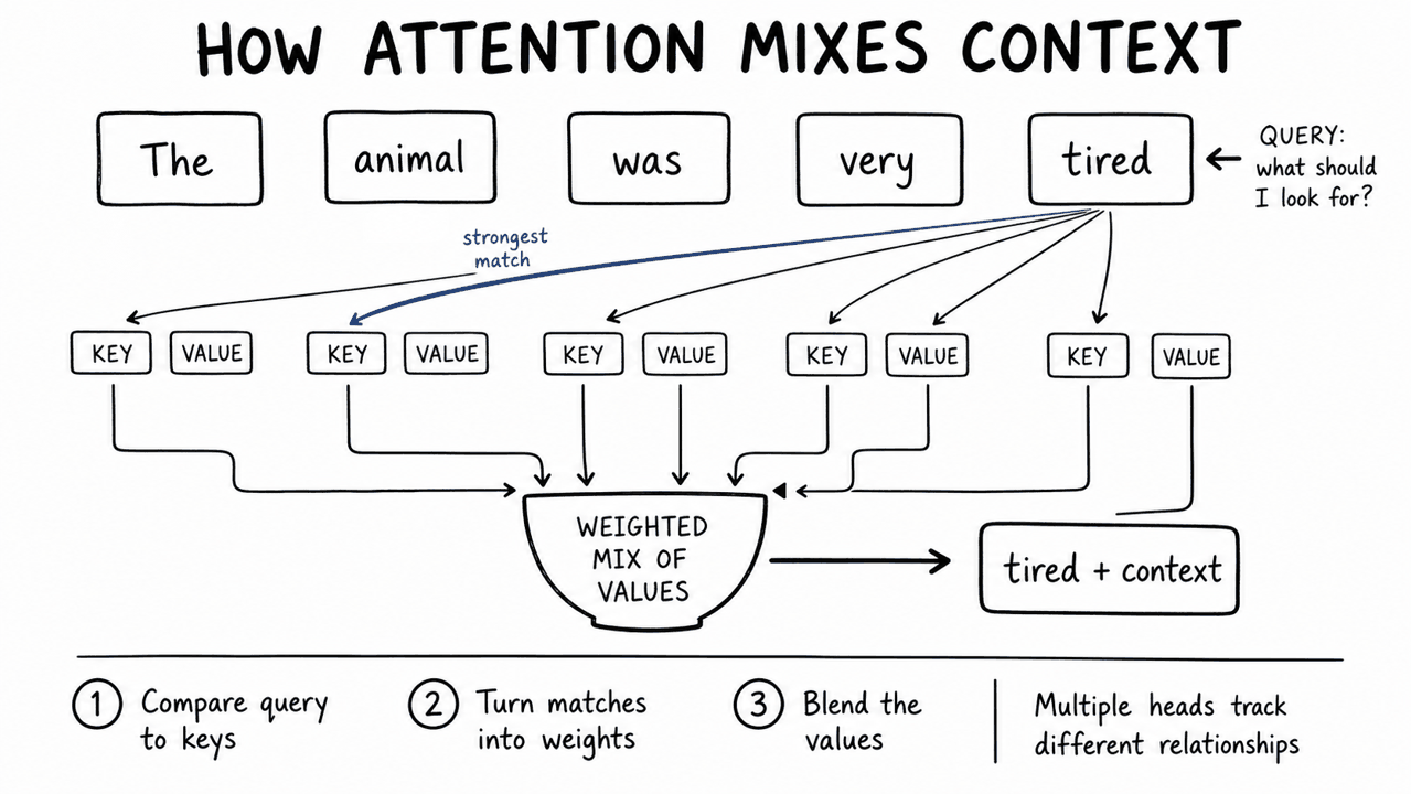 Hand-drawn diagram titled 'How attention mixes context'. Five cards form 'The animal was very tired'. The tired token sends a query to each key, with the strongest blue match pointing to animal. Their values flow into a weighted mix and emerge as 'tired + context'. Three steps summarize compare, weight and blend; a note says multiple heads track different relationships.