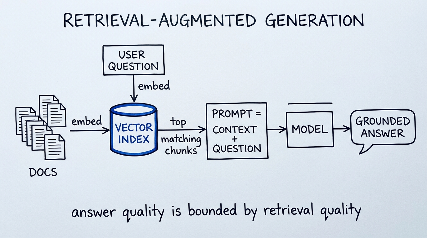 Hand-drawn diagram titled Retrieval-Augmented Generation. DOCS and a USER QUESTION are both embedded into a cobalt vector index; its top matching chunks feed a PROMPT box, then a MODEL box, producing a GROUNDED ANSWER. Caption: answer quality is bounded by retrieval quality.