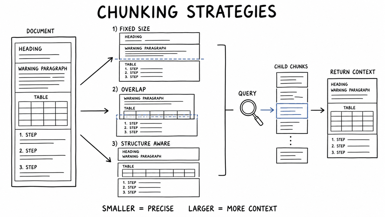 Hand-drawn Chunking Strategies diagram. A document is split three ways: fixed size cuts a warning from its steps, overlap repeats boundary content, and structure-aware splitting preserves headings, tables, and numbered steps. A query retrieves a precise child chunk, then returns its larger parent context.