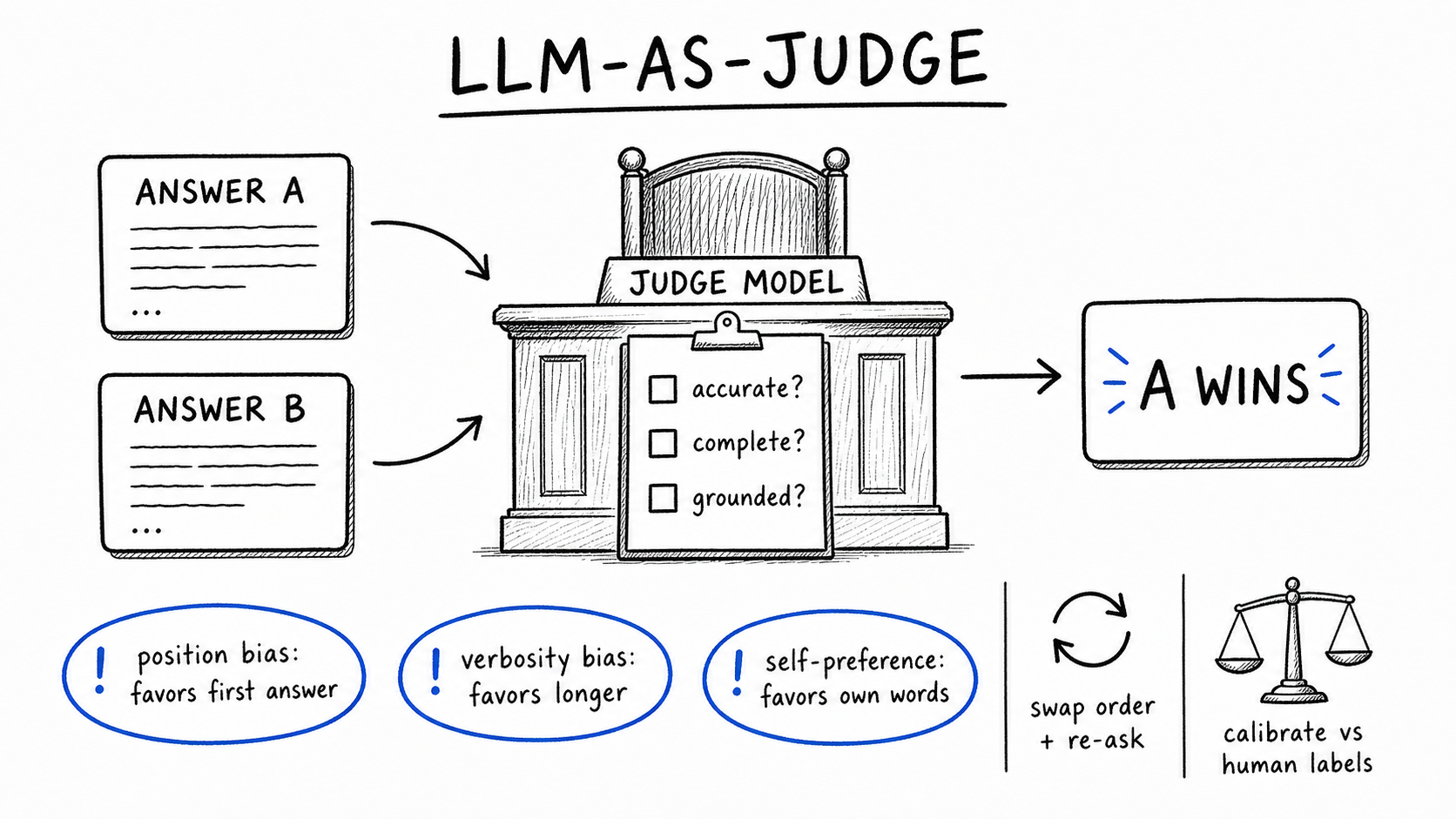 Hand-drawn LLM-as-judge diagram comparing Answer A and Answer B through a rubric, with position, verbosity, and self-preference bias warnings.