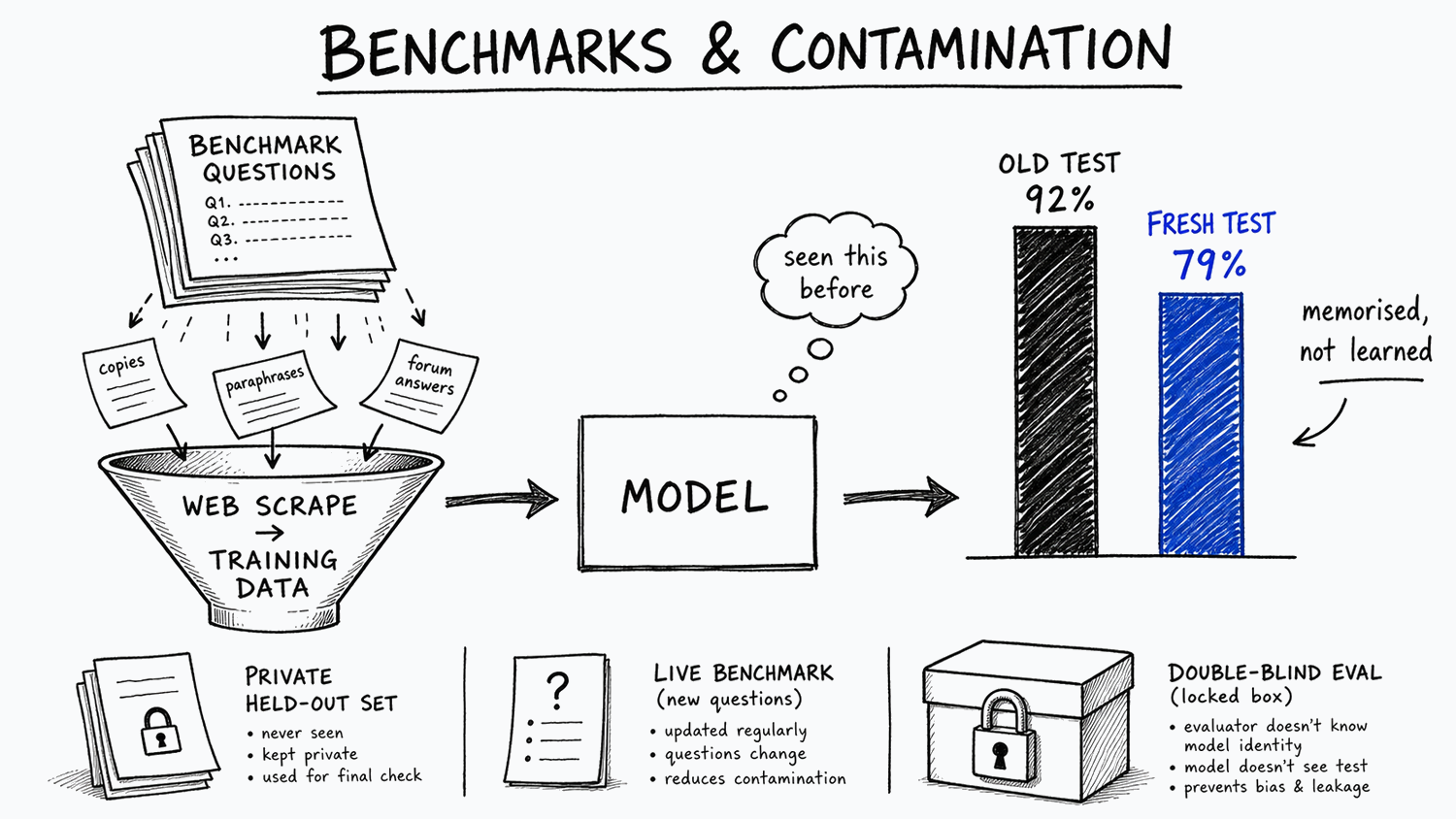 Hand-drawn diagram titled 'Benchmarks & Contamination': benchmark question sheets leak as copies, paraphrases, and forum answers into a web-scrape funnel feeding a model that thinks 'seen this before'; bars show 92% on the old test vs 79% on a fresh test, annotated 'memorised, not learned'; below, three defenses - private held-out set, live benchmark, and double-blind eval as a padlocked box.