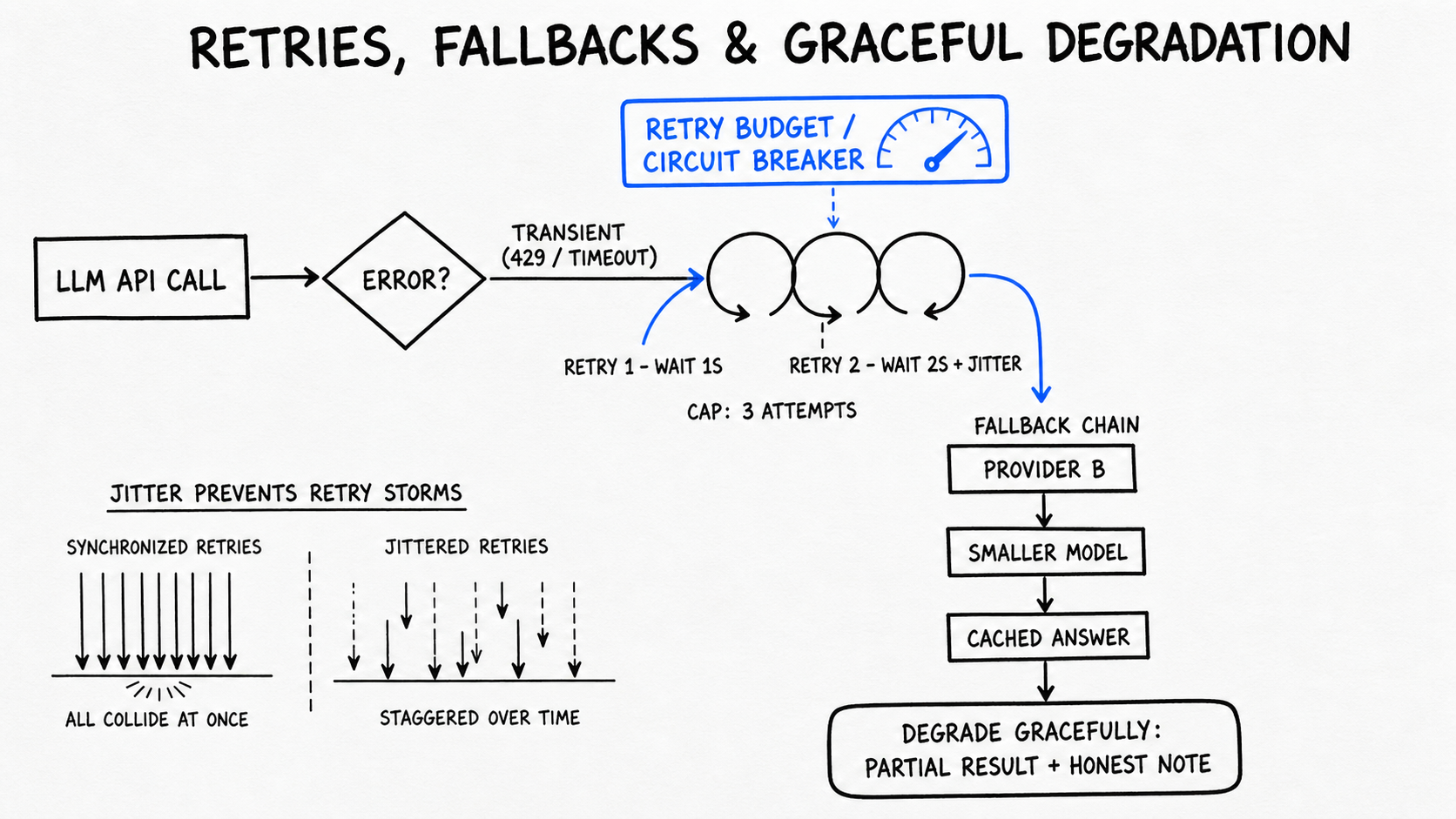 Hand-drawn flow diagram titled RETRIES, FALLBACKS & GRACEFUL DEGRADATION. LLM API CALL hits an ERROR? diamond; a TRANSIENT (429/TIMEOUT) path enters a jittered retry loop capped at 3 attempts under a cobalt RETRY BUDGET / CIRCUIT BREAKER. Exhausted retries drop to a FALLBACK CHAIN - PROVIDER B, SMALLER MODEL, CACHED ANSWER - ending at DEGRADE GRACEFULLY: PARTIAL RESULT + HONEST NOTE.