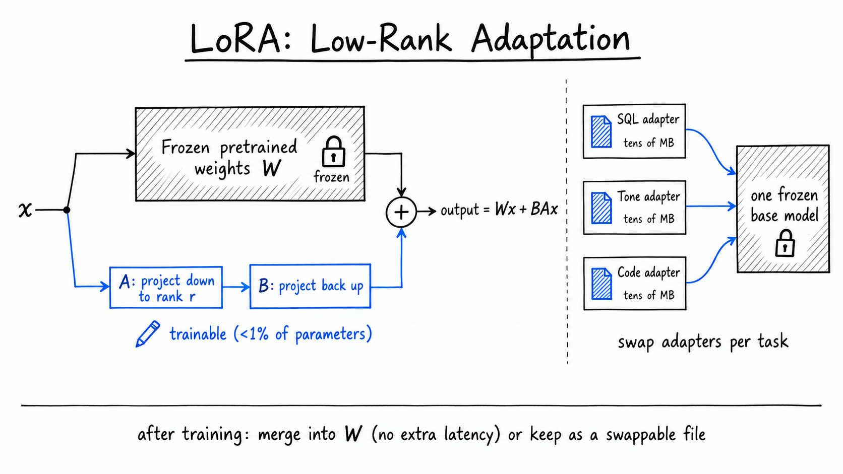 Hand-drawn diagram: input x splits into a frozen path through 'Frozen pretrained weights W' (padlock) and a cobalt trainable detour through 'A: project down to rank r' and 'B: project back up', marked 'trainable (<1% of parameters)'; they merge at a plus circle into 'output = Wx + BAx'. Side panel: SQL, Tone, and Code adapter cards plug into one frozen base model - 'swap adapters per task'.