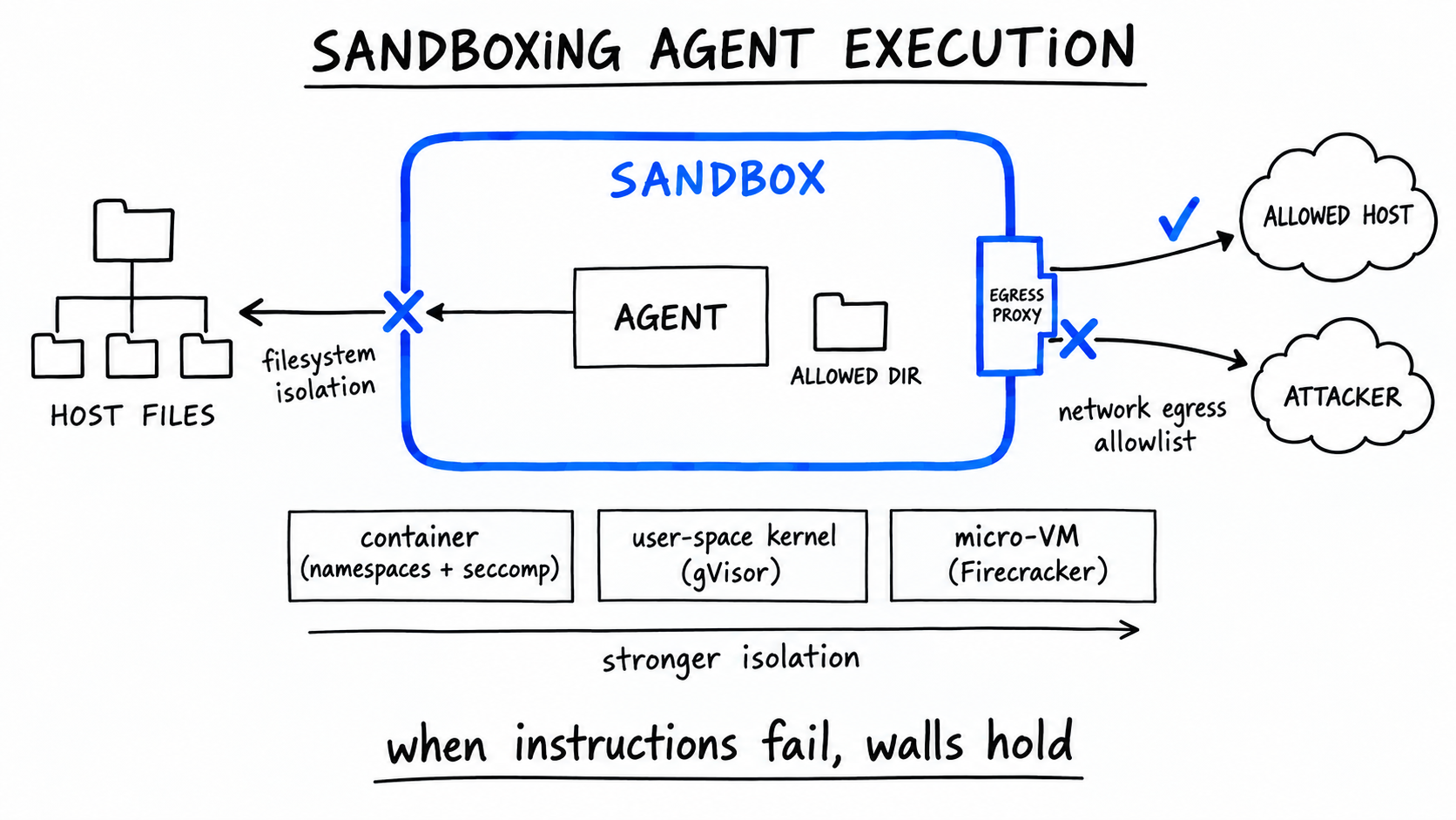 Hand-drawn 'Sandboxing Agent Execution' diagram: an AGENT box inside a cobalt SANDBOX; its arrow to HOST FILES is blocked at the wall (filesystem isolation), while an EGRESS PROXY passes traffic to ALLOWED HOST but blocks ATTACKER (egress allowlist); below, container, gVisor, and Firecracker micro-VM sit on a 'stronger isolation' arrow, captioned 'when instructions fail, walls hold'.