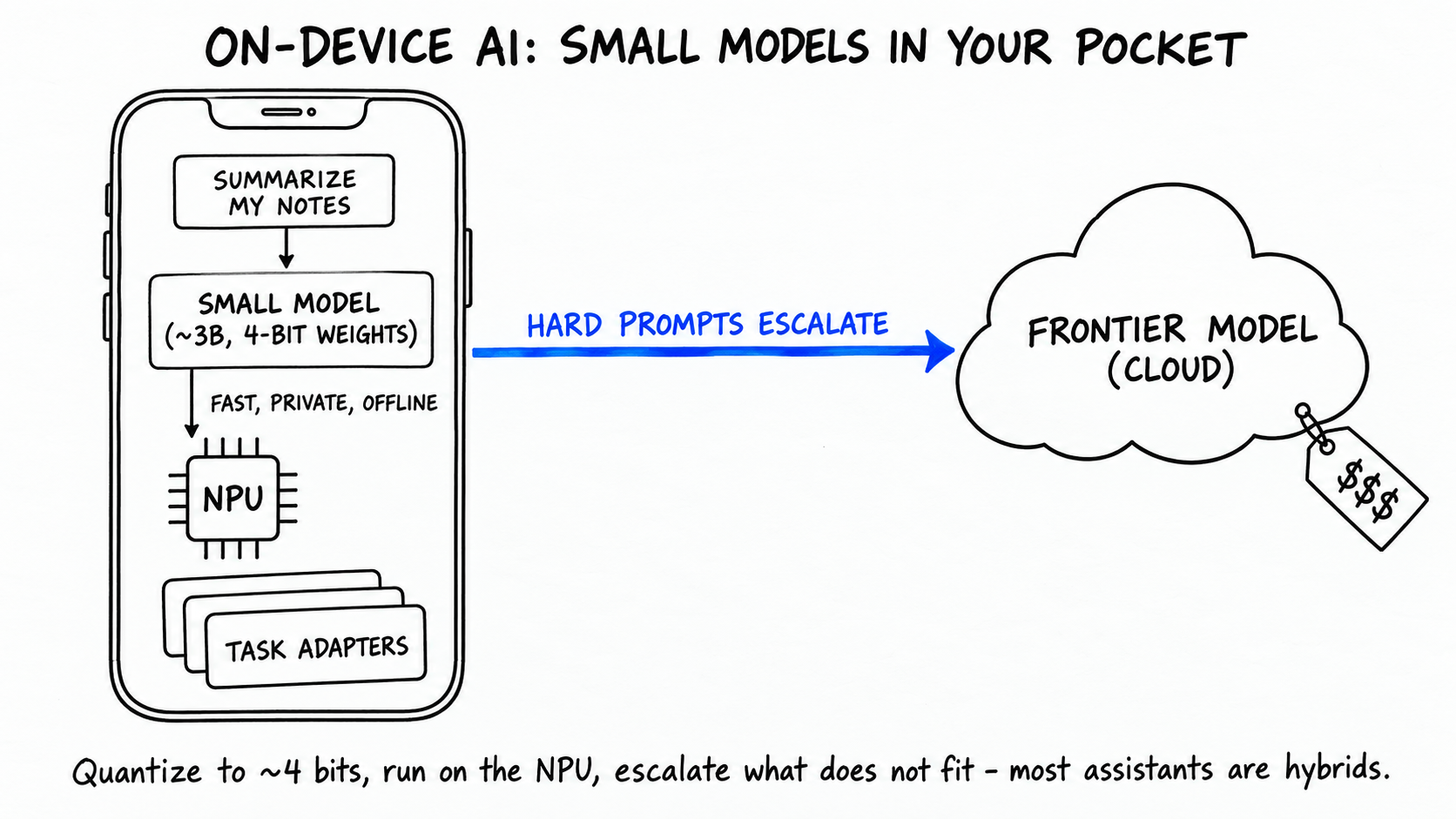 Hand-drawn diagram: inside a smartphone, a 'summarize my notes' card flows to a small model box (~3B, 4-bit weights), marked fast, private, offline, then to an NPU chip, with task adapter cards below. A cobalt arrow labeled 'hard prompts escalate' leaves the phone for a cloud marked 'frontier model' with a $$$ price tag. Note: quantize to ~4 bits, run on the NPU, escalate what does not fit.