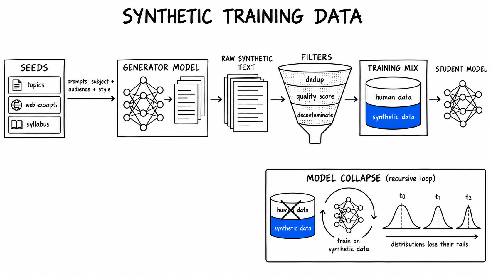 Hand-drawn diagram titled 'Synthetic training data': seeds become prompts, a generator model writes raw synthetic text, a funnel applies dedup, quality scoring and decontamination, and the output joins human data in a training mix that trains a student model. An inset, 'model collapse (recursive loop)', shows training on synthetic data alone as distributions lose their tails.