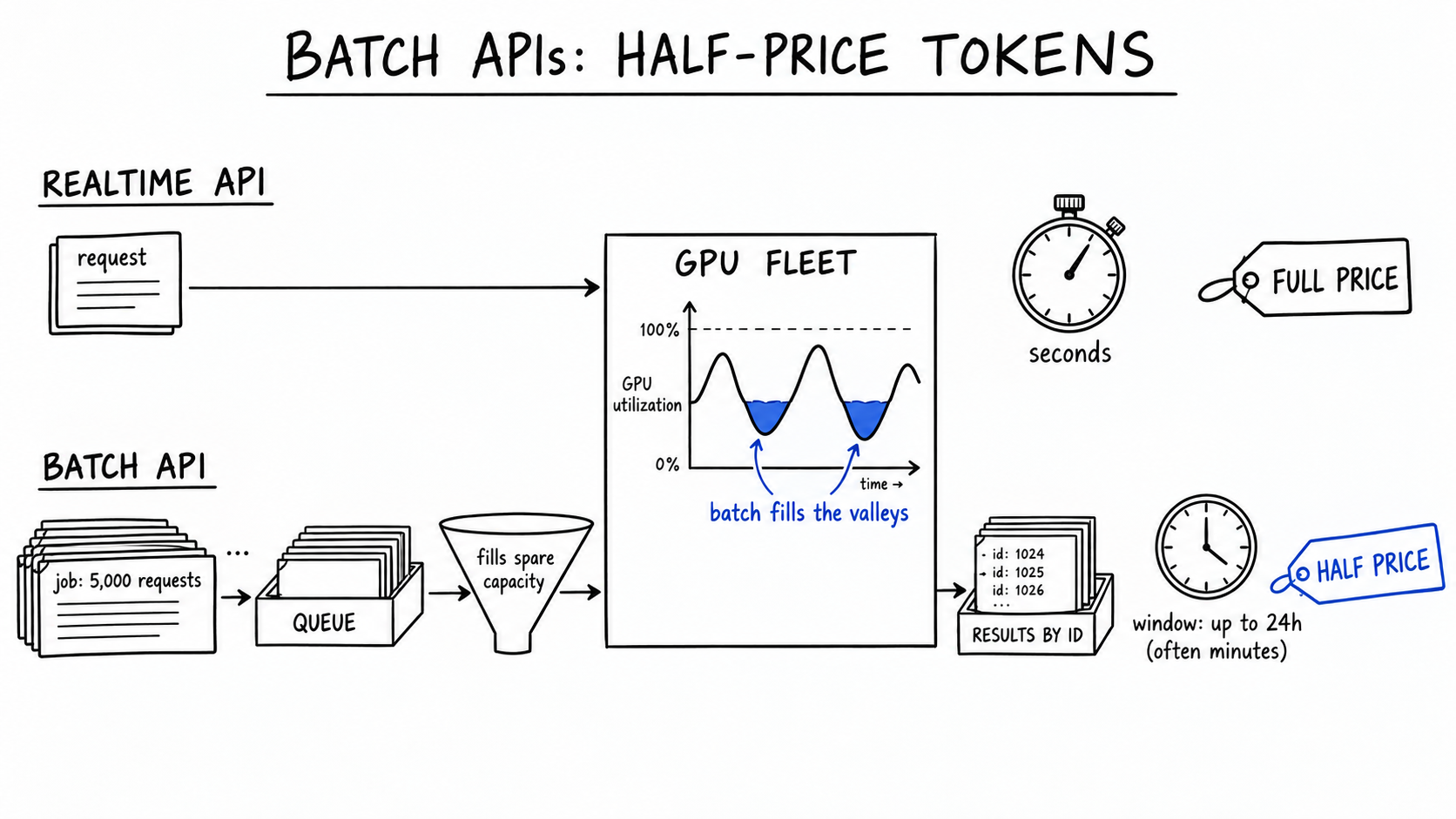 Hand-drawn diagram comparing API lanes. Top: one realtime request arrows into a GPU fleet box in seconds at full price. Bottom: a 5,000-request batch job queues, funnels into the same GPU fleet by filling spare capacity, and exits as results by ID, with a clock noting up to 24h (often minutes) and a cobalt half-price tag. A curve shows batch filling valleys between realtime peaks.